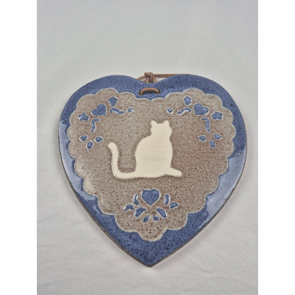 Vintage Handmade Pottery Heart Wall Plaque Cat Blue Ceramic Hanging Folk Art